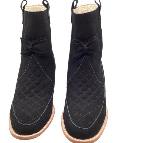 F TROUPE London 37 Quilted Suede Heeled Boots US 6.5 - 7 Bow Ankle Block Heel - Picture 5 of 10
